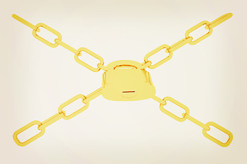 Image showing gold chains and padlock on white background - 3d illustration. 3