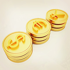 Image showing gold coins with 3 major currencies. 3D illustration. Vintage sty