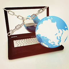 Image showing Laptop with lock, chain and earth. 3D illustration. Vintage styl