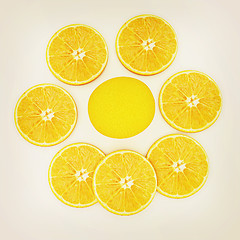 Image showing half oranges and oranges. 3D illustration. Vintage style.