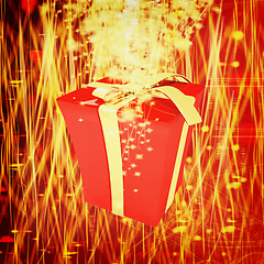 Image showing red gift box with golden ribbon on fantastic background. 3D illu