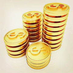 Image showing Gold dollar coins. 3D illustration. Vintage style.