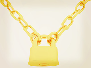 Image showing gold chains and padlock isolation on white background. 3D illust