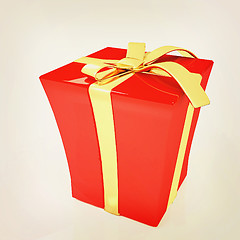 Image showing Red gift with gold ribbon. 3D illustration. Vintage style.