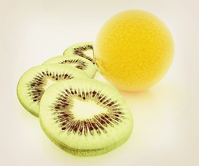 Image showing slices of kiwi and orange. 3D illustration. Vintage style.