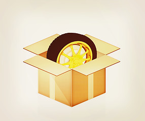 Image showing 3d model car wheel in cardboard box. 3D illustration. Vintage st