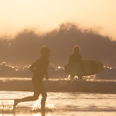 Image showing Silhouette of surfers on beach in sunset.