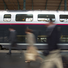 Image showing People coming to or leaving train station platform.