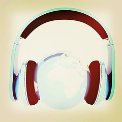 Image showing World music 3D render of planet Earth with headphones . 3D illus