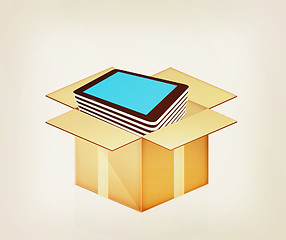 Image showing tablet pc in cardboard box. 3D illustration. Vintage style.