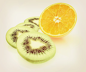 Image showing slices of kiwi and half orange. 3D illustration. Vintage style.