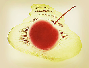 Image showing slices of kiwi and cherry. 3D illustration. Vintage style.
