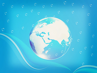 Image showing Blue water drops and earth. 3D illustration. Vintage style.