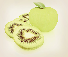 Image showing slices of kiwi and apple. 3D illustration. Vintage style.