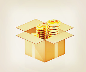 Image showing Gold dollar coins in cardboard box. 3D illustration. Vintage sty