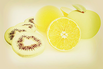 Image showing slices of kiwi, apple, orange and half orange. 3D illustration. 