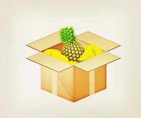 Image showing pineapple and bananas in cardboard box. 3D illustration. Vintage