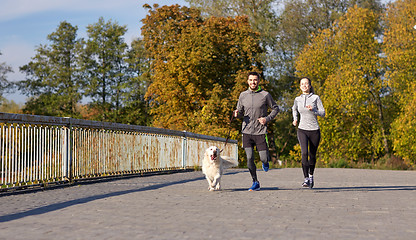 Image showing happy couple with dog running outdoors