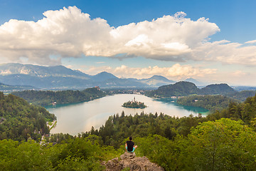 Image showing Man enjoying panoramic view of Lake Bled, Slovenia.