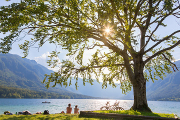 Image showing Couple enjoying beautiful nature around lake Bohinj, Slovenia.