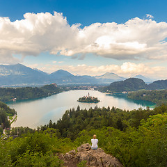 Image showing Woman enjoying panoramic view of Lake Bled, Slovenia.