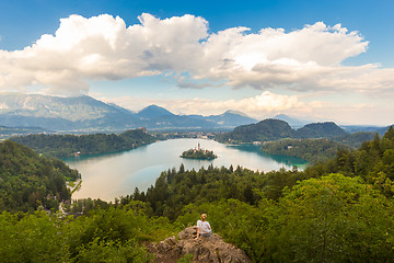 Image showing Woman enjoying panoramic view of Lake Bled, Slovenia.