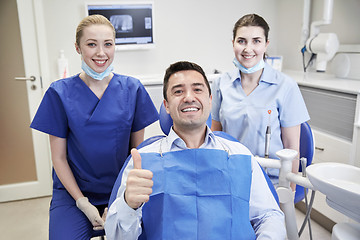 Image showing happy female dentists with man patient at clinic