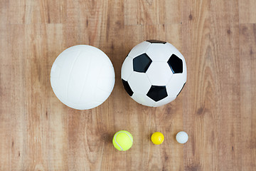 Image showing close up of different sports balls set on wood