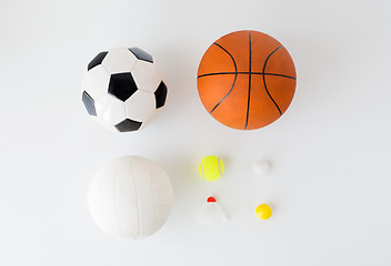 Image showing close up of different sports balls and shuttlecock