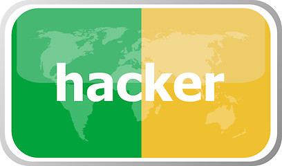 Image showing hacker. Flat web button icon. World map earth icon. Vector illustration