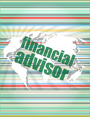 Image showing financial advisor word on digital screen, mission control interface hi technology vector quotation marks with thin line speech bubble. concept of citation, info, testimonials, notice, textbox. isolate