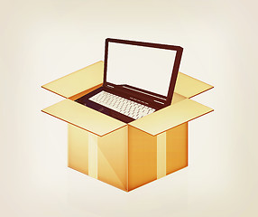 Image showing Laptop in cardboard box. 3D illustration. Vintage style.