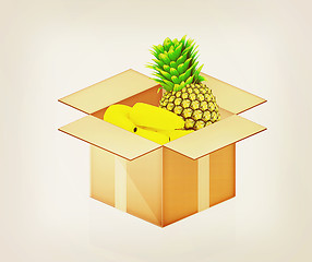 Image showing pineapple and bananas in cardboard box. 3D illustration. Vintage