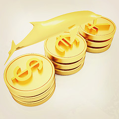 Image showing Gold coins with 3 major currencies with golden dolphin. 3D illus