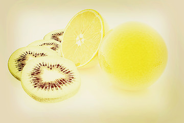 Image showing slices of kiwi, orange and half orange. 3D illustration. Vintage