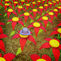 Image showing One individuality blue hat on a fantastic flower. 3D illustratio