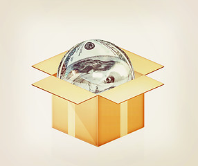 Image showing Sphere from dollar in cardboard box. 3D illustration. Vintage st