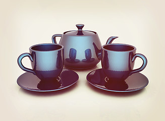 Image showing 3d cups and teapot . 3D illustration. Vintage style.