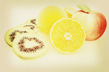 Image showing slices of kiwi, apple, orange and half orange. 3D illustration. 