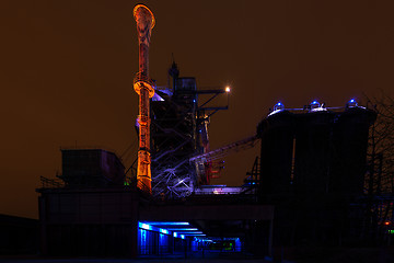 Image showing Night shot of Landschaftspark Nord, old illuminated industrial ruins in Duisburg, Germany