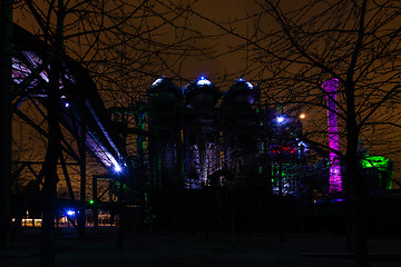 Image showing Night shot of Landschaftspark Nord, old illuminated industrial ruins in Duisburg, Germany