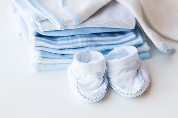 Image showing close up of baby boys clothes for newborn on table