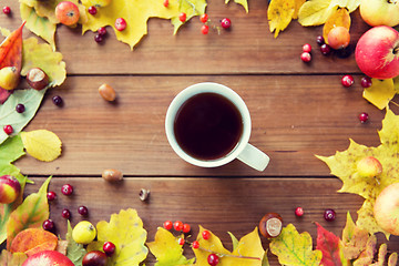 Image showing close up of tea cup on table with autumn leaves