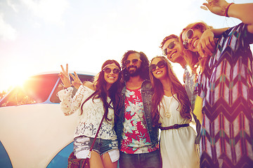 Image showing hippie friends over minivan car showing peace sign