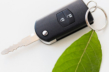 Image showing close up of car key and green leaf