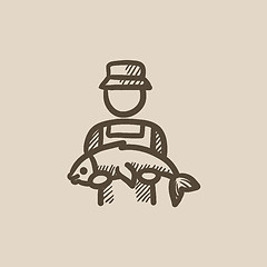 Image showing Fisherman with big fish sketch icon.
