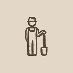 Image showing Farmer with shovel sketch icon.