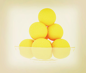 Image showing Oranges on a glass plate. 3D illustration. Vintage style.