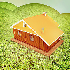 Image showing Wooden house against the background of fairytale landscape . 3D 