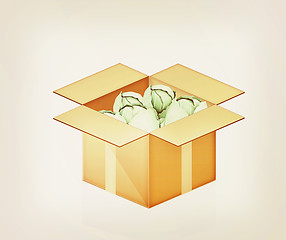 Image showing Green cabbage in cardboard box. 3D illustration. Vintage style.